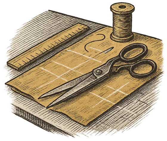Tailor's shears and chalk lines on fabric at the cutting table