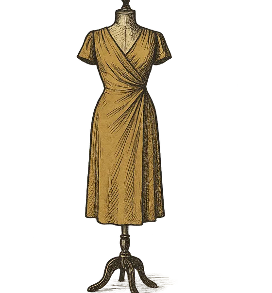 A finished draped dress on a wooden dress form