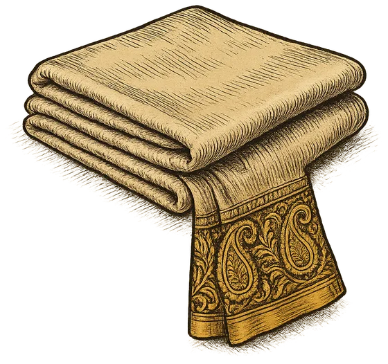 A folded silk saree with an ornate paisley border